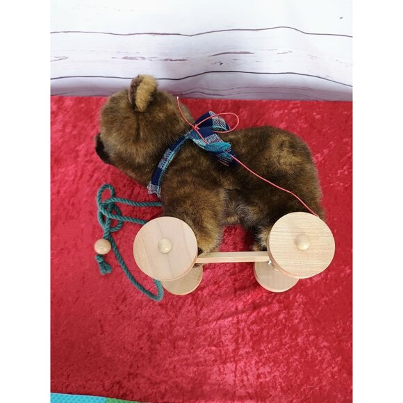 Vintage 1986‎ Applause Brown Plush Teddy Bear Wooden Wheels Pull Toy - Picture 5 of 6